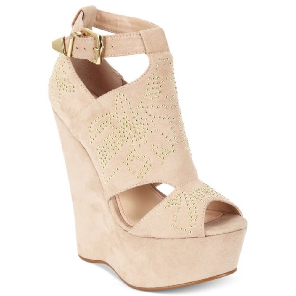 Betsey Johnson Laney Gold Studded Blush Suede Wedges